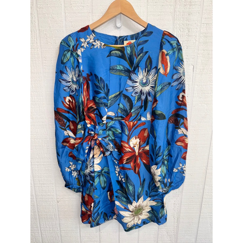 Farm Rio Mini Dress Womens Blue Floral Side Tie Tropical XS NWT
